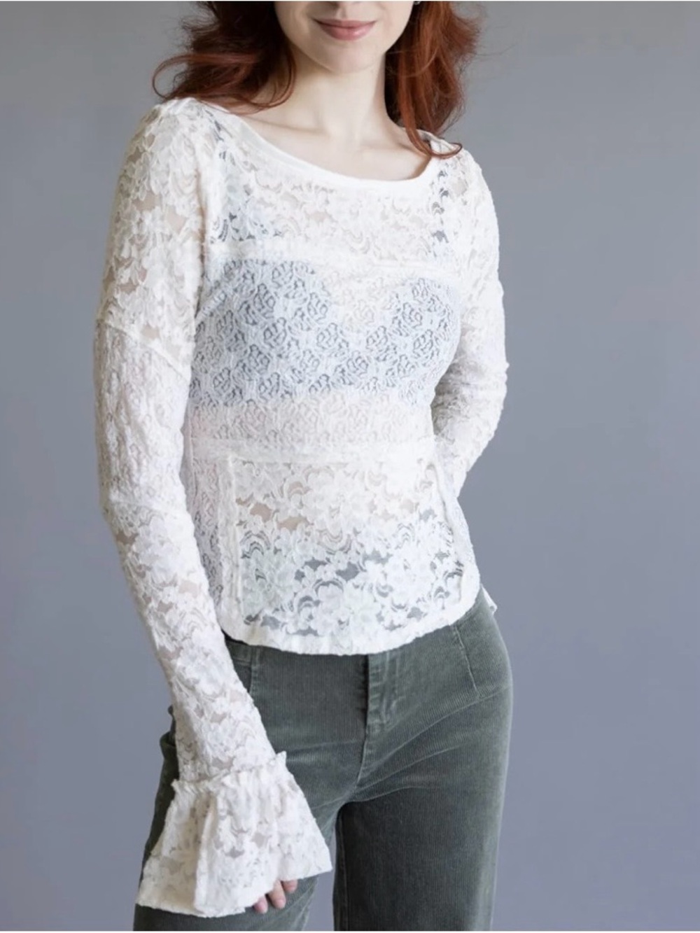 NWT! Free People Layering Top Lace‎ Sugar Sizzle Ivory Bell Sleeves ~ XL